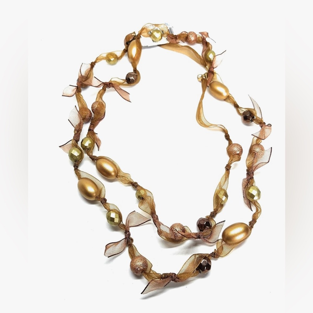Cookie Lee Long Beaded Ribbon Necklace Amber Brown Gold Costume Jewelry Vintage